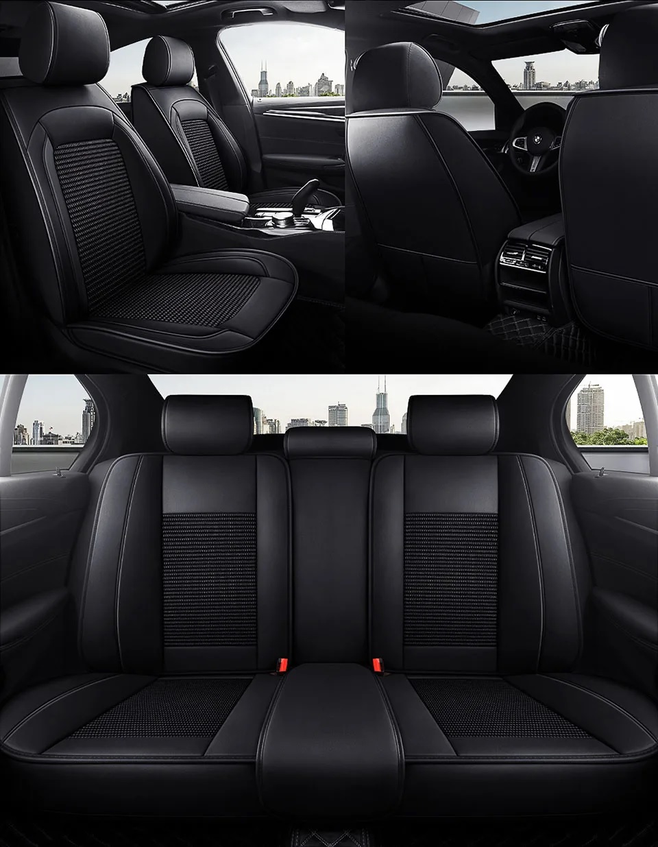 Accesorii pentru interior - Set Huse Auto universale luxoase din piele ecologica cu material textil, negru pentru scaune fata si spate