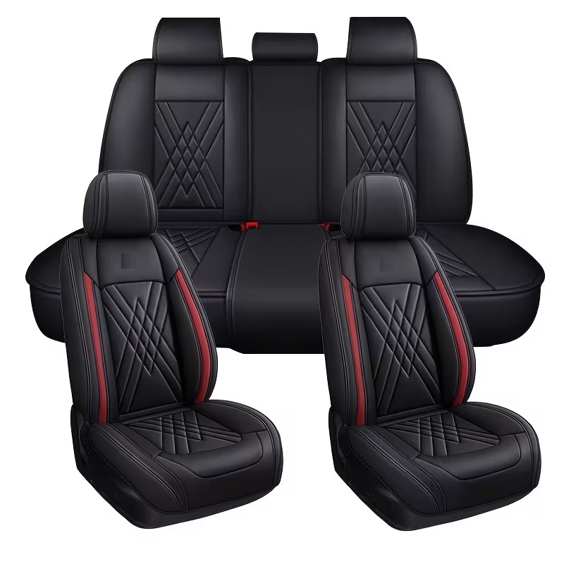 Accesorii pentru interior - Set Huse Auto universale luxoase din piele ecologica, negru cu rosu pentru scaune fata si spate