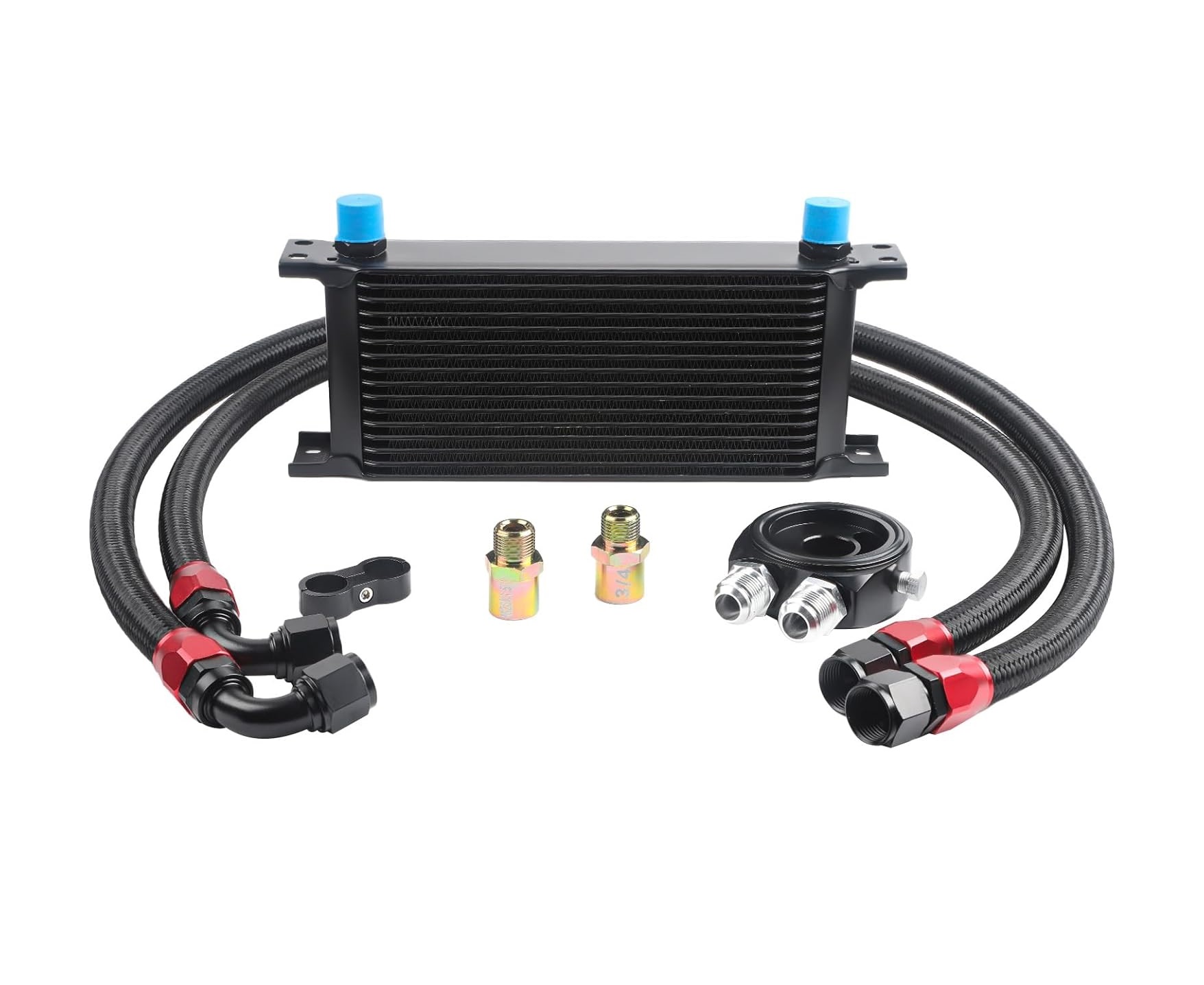 Noutati Real Auto - Kit complet radiator ulei universal din aluminiu, 16 randuri, 330 x 50 x 115 mm, AN10 37°, cu furtunuri si adaptor pentru filtru de ulei, negru