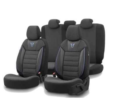 Set tapiterie luxoasa OTOM textil cu piele ecologica TORO Design – Neagra cu cusatura albastra, pentru scaune fata si spate