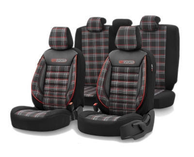 Set tapiterie luxoasa OTOM textil cu piele ecologica GTI SPORTS Design – Neagra cu cusatura rosie, pentru scaune fata si spate