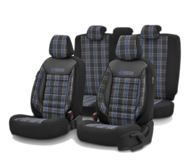 Set tapiterie luxoasa OTOM textil cu piele ecologica GTI SPORTS Design – Neagra cu cusatura albastra, pentru scaune fata si spate