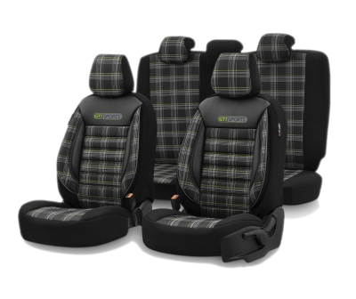 Set tapiterie luxoasa OTOM textil cu piele ecologica GTI SPORTS Design – Neagra cu cusatura verde, pentru scaune fata si spate