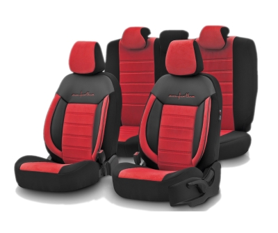 Set tapiterie luxoasa OTOM textil cu piele ecologica COMFORT LINE Design – Rosu-Negru cu cusatura rosie, pentru scaune fata si spate