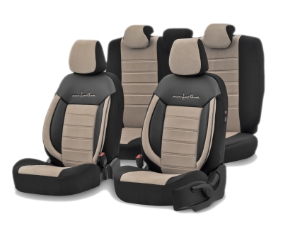 Set tapiterie luxoasa OTOM textil cu piele ecologica COMFORT LINE Design – Bej-Negru cu cusatura bej, pentru scaune fata si spate