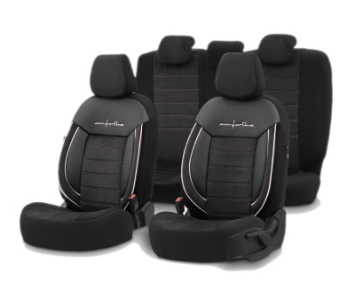 Set tapiterie luxoasa OTOM textil cu piele ecologica COMFORT LINE Design – Neagra cu cusatura alba, pentru scaune fata si spate