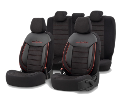 Set tapiterie luxoasa OTOM textil cu piele ecologica COMFORT LINE Design – Neagra cu cusatura rosie, pentru scaune fata si spate