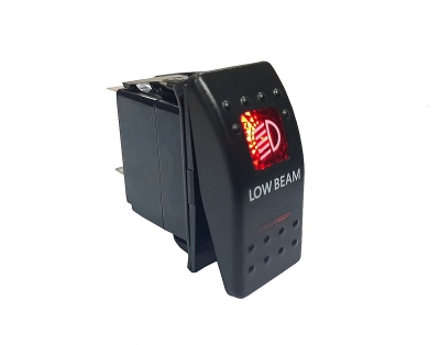 Buton comutator ON/OFF „LOW BEAM” cu martor luminos roșu – 12V/24V, rezistent la apă