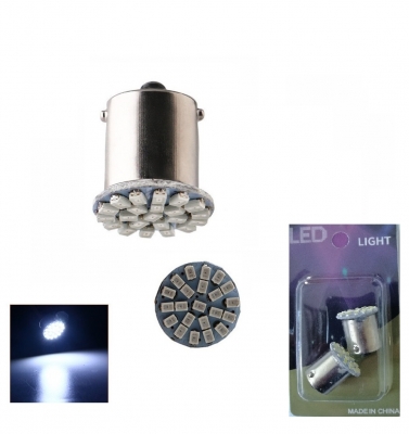 Set de 2 becuri LED BA15S 1156 (PY21W) 24V, lumina alba tip blit / stroboscopic, cu 22 LED-uri SMD, pini opusi 180° doua surse de lumina, ambalate in blister