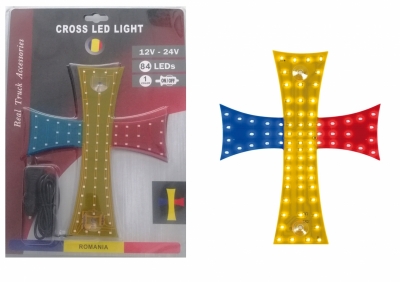Cruce luminoasă cu LED-uri albastre-galbene-roșii, cu drapelul României, având 84 de LED-uri, 12V - 24V, dimensiuni 245 x 200 mm
