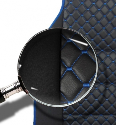 Husa Scaun Camion Flexzon, Lux, Piele Ecologica si Textil, Negru cu Cusaturi Albastri, Pentru MAN DAF Scania Volvo Iveco Mercedes Renault