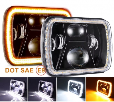 Set Far LED universal 60W halogen 12V-24V scurt/lung cu DRL lumini de zi și semnalizări alb-gălbui 20 x 14 cm pentru ATV jeep motocicletă camion tractor și altele