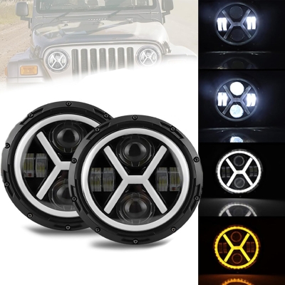 Set de 2 bucăți far universal cu LED de 7" inch 18 cm, 12V-24V, fază scurtă/lungă cu lumini de zi DRL, semnalizare alb-galben, 8000 lm, potrivit pentru ATV, jeep, motocicletă, camion, tractor și altele