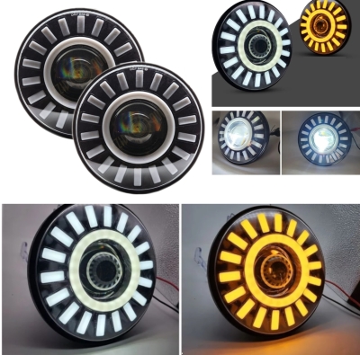 Set de 2 bucăți Far cu LED universal de 7" 18 cm halogen, 12V-24V, cu fază scurtă/ lungă, cu DRL (lumini de zi), semnalizare alb-galben, pentru ATV, jeep, motocicletă, camion, tractor etc.