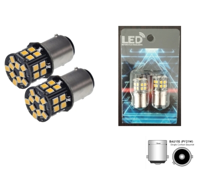 Set de 2 buc. Becuri LED, 30 SMD, BAU15S 1156 (PY21W), 12V, lumină portocalie canbus, pini împrăștiați (150°)