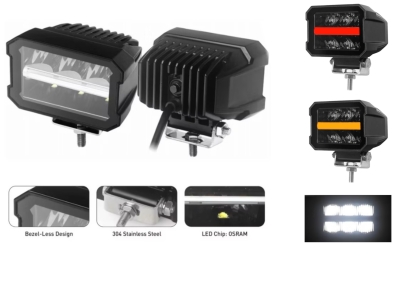 Far universal LED cu lumină albă și lumini de zi DRL roșu-portocaliu 12V - 24V E-mark pentru camion, tractor, ATV, jeep, utilaje agricole și alte vehicule.