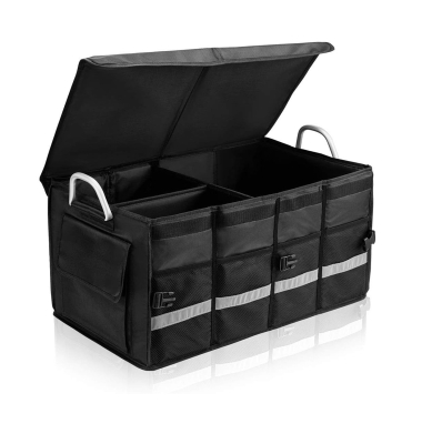 Organizator pliabil pentru portbagaj cu capac, mânere din aluminiu și bandă reflectorizantă – 57 x 33.5 x 29 cm