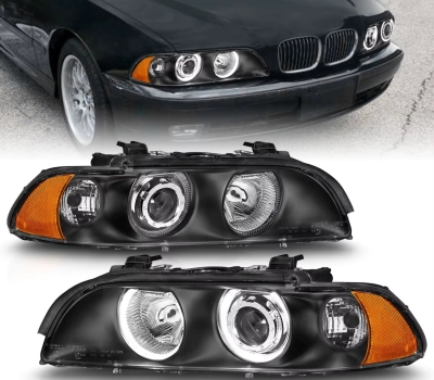 Faruri cu Angel Eyes pentru BMW E39 (1997–2003) Carcasă neagră, lentilă clară, becuri halogen