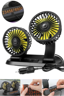 Ventilator dublu pentru masina, rotire 360 grade, 10W, 2 trepte de viteza si stickere pentru numar de telefon - 12V