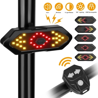 Set semnalizator Bicicleta, Incluse claxon, Incarcare USB, 5 moduri de lumina, IP65 Rezistent la Apa si Praf, Usor de Instalat - Negru
