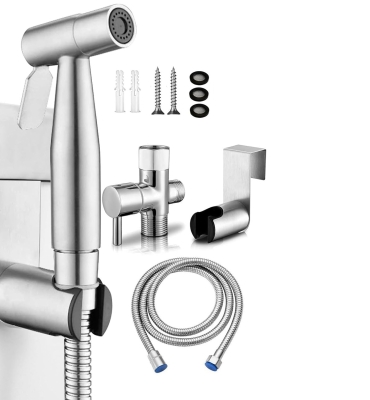 Set dus pentru igiena intima, baterie bideu si WC din otel inoxidabil, Baterie, Adaptor, Furtun si Suport de Prindere pe WC sau Perete cu Presiune Reglabila, Filet 1/2 - Argintiu