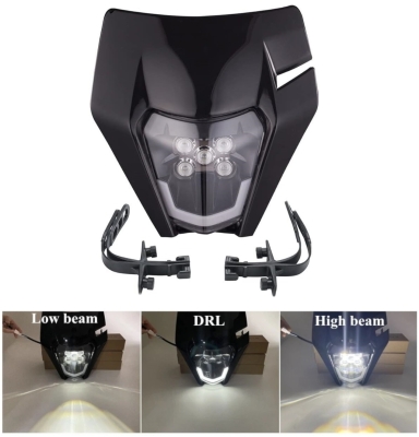 Carena si far LED fata pentru motociclete, Negru, cu faza scurta si lunga – Model universal pentru ENDURO / Trail / Streetfighter