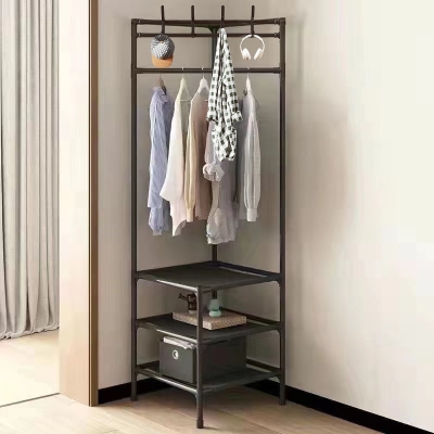 Suport de colt pentru haine 3 rafturi de depozitare si 4 carlige duble 185 x 54 x 20 cm Negru