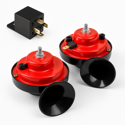 Set claxon dublu tip „Melc” 12V (2 PIN) cu releu – pentru autoturisme, SUV-uri, VAN-uri, autobuze si motociclete