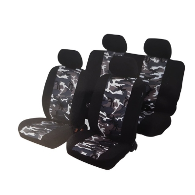 Huse universale pentru scaune – set complet pentru 5 locuri, tapiterie textila pentru autoturism, microbuz si SUV – culoare camuflaj negru-gri (9 piese)