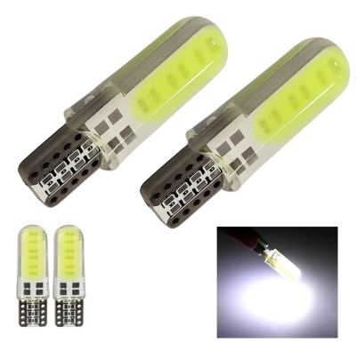 Set de 2 becuri LED T10 W5W pentru pozitii – COB LED, lumina alba 6000K, 12V, CANBUS fara erori, cu invelis din silicon