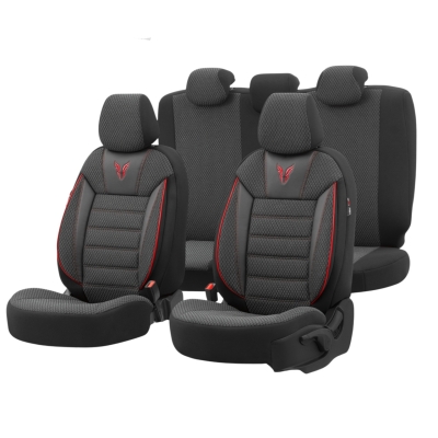 Set tapiterie luxoasa OTOM textil cu piele ecologica TORO Design – Neagra cu cusatura rosie, pentru scaune fata si spate
