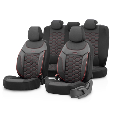 Set tapiterie luxoasa OTOM textil cu piele ecologica CARBON Design – Neagra cu cusatura rosie, pentru scaune fata si spate