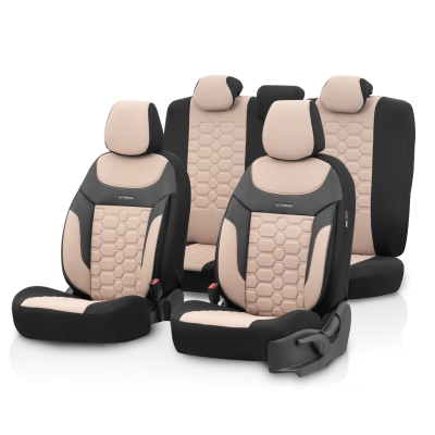 Set tapiterie luxoasa OTOM textil cu piele ecologica CARBON Design – Bej-Negru cu cusatura bej, pentru scaune fata si spate
