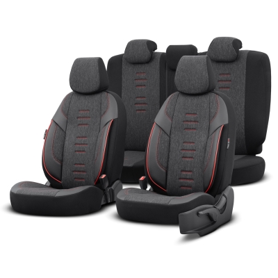 Set tapiterie luxoasa OTOM textil cu piele ecologica THRONE Design – Neagra cu cusatura rosie, pentru scaune fata si spate