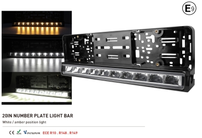 Rama pentru numar cu bara LED incorporata 20" (51 cm) 12-24V, alba si portocalie lumina de zi DRL