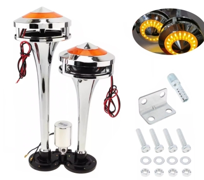 Claxon dublu tip tromba cu lumina LED galbena, 300 dB – 12V / 24V