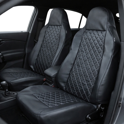 Set 1+1 Huse universala pentru scaunele din fata din piele ecologica cu tetiera integrata – Negru