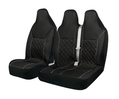 Set 2+1 husa universala textila pentru scaunele din fata ale unui microbuz, cu tetiera integrata – Negru cu cusatura gri