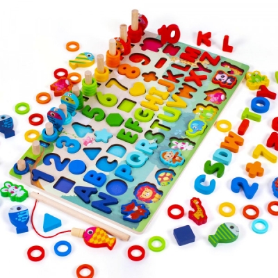 Montessori jucarie educativa din lemn cu litere, cifre, forme si pescuit magnetic