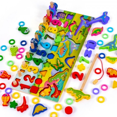 Joc educativ Montessori din lemn, stivuire, prindere si sortare, model dinozauri