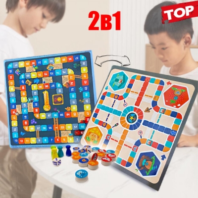 Tabla educativa din lemn, fata-verso, cu doua jocuri, Ludo si Scarilor 3+ ani