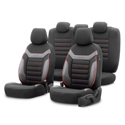 Set tapiterie luxoasa OTOM textil cu piele ecologica INDIVIDUAL Design – Neagra cu cusatura rosie, pentru scaune fata si spate