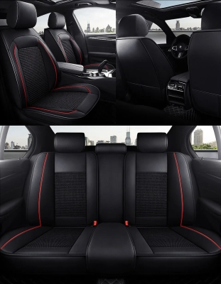 Set Huse Auto universale lux piele + textil, Negru cu cusatura rosie pentru scaune fata si spate