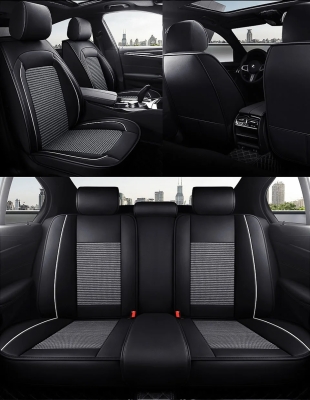 Set Huse Auto universale luxoase din piele ecologica cu material textil, negru cu contur alb pentru scaune fata si spate