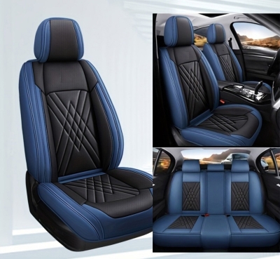 Set Huse Auto universale luxoase din piele ecologica, albastru si negru pentru scaune fata si spate
