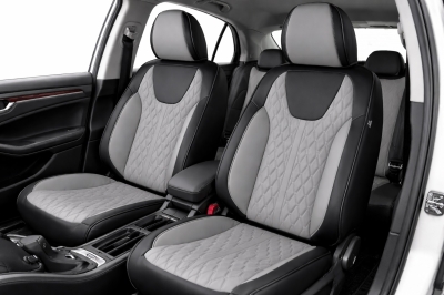 Set Huse Auto universale luxoase din piele ecologica, negru-gri, integral din piele ecologica, pentru scaune fata si spate