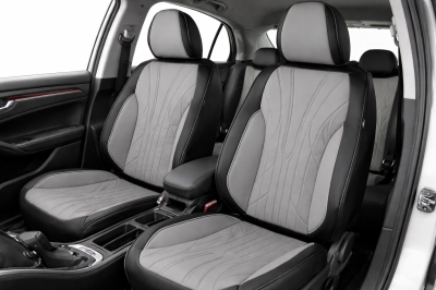 Set Huse Auto universale luxoase din piele ecologica, negru-gri, integral din piele ecologica, pentru scaune fata si spate