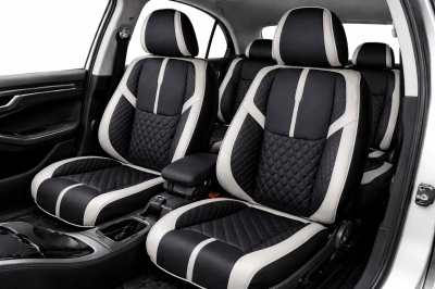 Set Huse Auto universale luxoase din piele ecologica, negru-alb, integral din piele ecologica, pentru scaune fata si spate