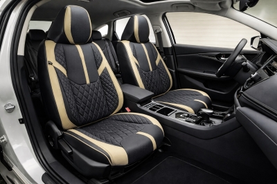 Set Huse Auto universale luxoase din piele ecologica, negru-crem, integral din piele ecologica, pentru scaune fata si spate