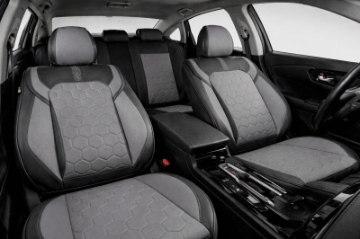 Set Huse Auto universale luxoase din piele ecologica, negru-gri, integral din piele ecologica, pentru scaune fata si spate